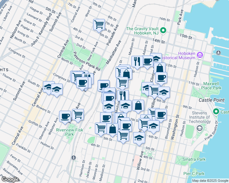 map of restaurants, bars, coffee shops, grocery stores, and more near 552 9th Street in Hoboken