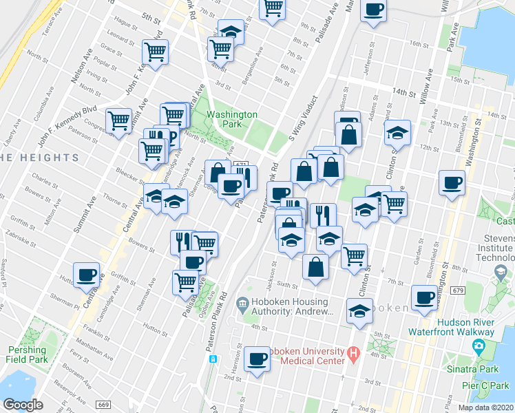 map of restaurants, bars, coffee shops, grocery stores, and more near 288 Paterson Plank Road in Jersey City