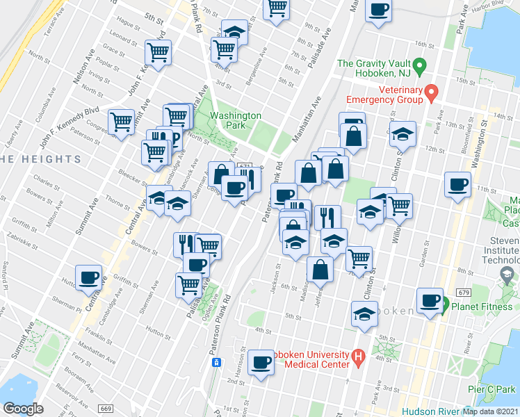 map of restaurants, bars, coffee shops, grocery stores, and more near 288 Paterson Plank Road in Jersey City