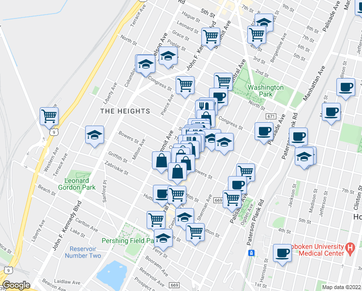 map of restaurants, bars, coffee shops, grocery stores, and more near 29 Thorne Street in Jersey City