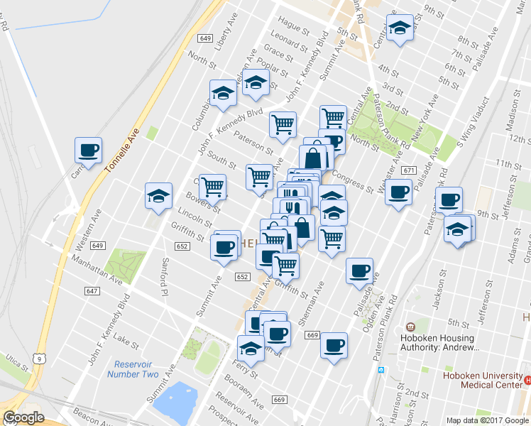 map of restaurants, bars, coffee shops, grocery stores, and more near 29 Thorne Street in Jersey City