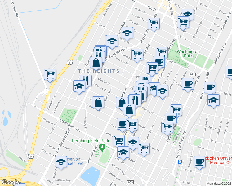 map of restaurants, bars, coffee shops, grocery stores, and more near 210A Bowers Street in Jersey City