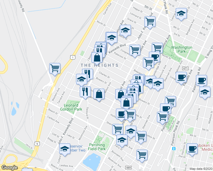 map of restaurants, bars, coffee shops, grocery stores, and more near 235 Bowers Street in Jersey City