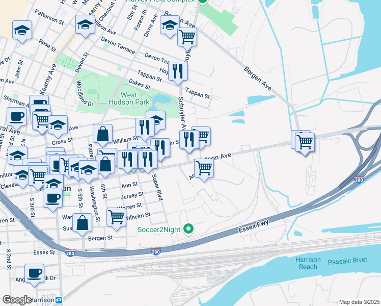 map of restaurants, bars, coffee shops, grocery stores, and more near 24 Schuyler Avenue in Kearny