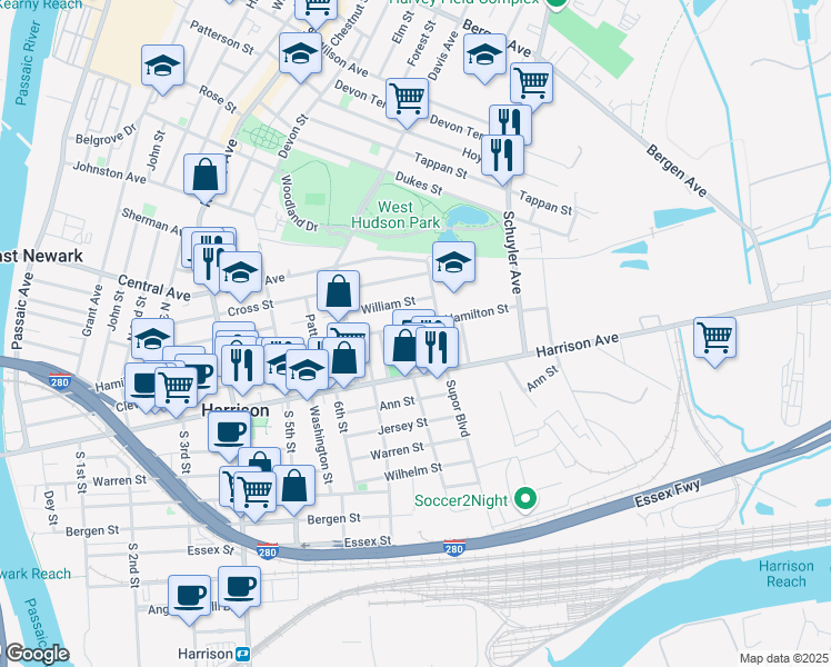 map of restaurants, bars, coffee shops, grocery stores, and more near 746 Hamilton Street in Harrison