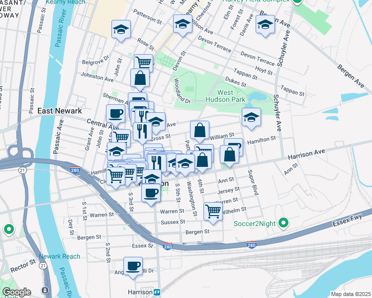 map of restaurants, bars, coffee shops, grocery stores, and more near 513 William Street in Harrison