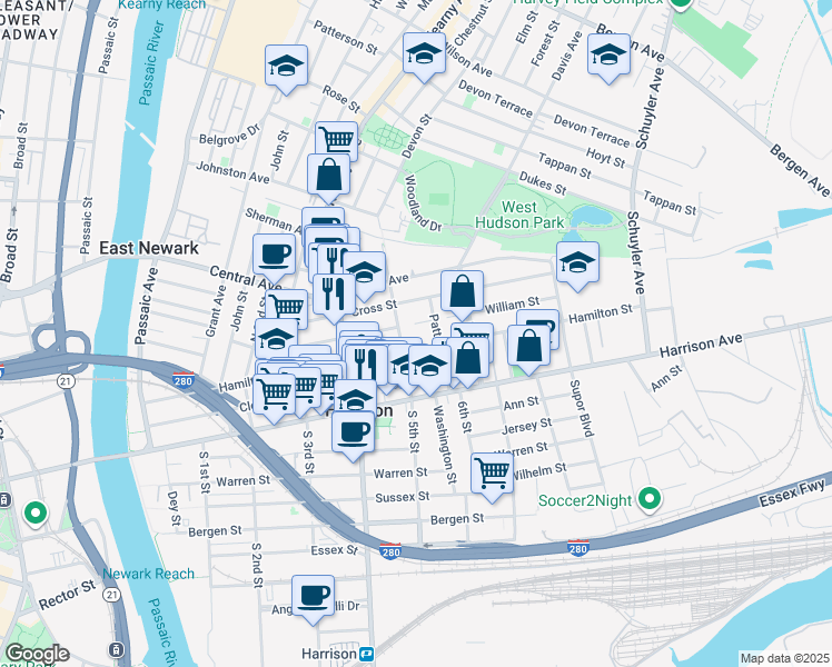 map of restaurants, bars, coffee shops, grocery stores, and more near 513 William Street in Harrison