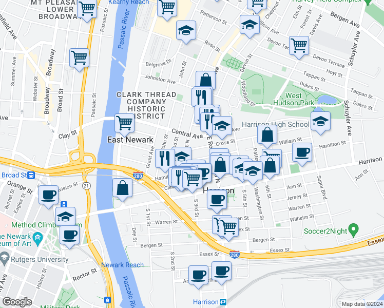 map of restaurants, bars, coffee shops, grocery stores, and more near 109 Cross Street in Harrison