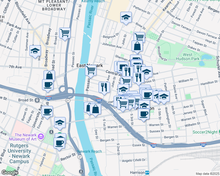 map of restaurants, bars, coffee shops, grocery stores, and more near 126 Grant Avenue in East Newark
