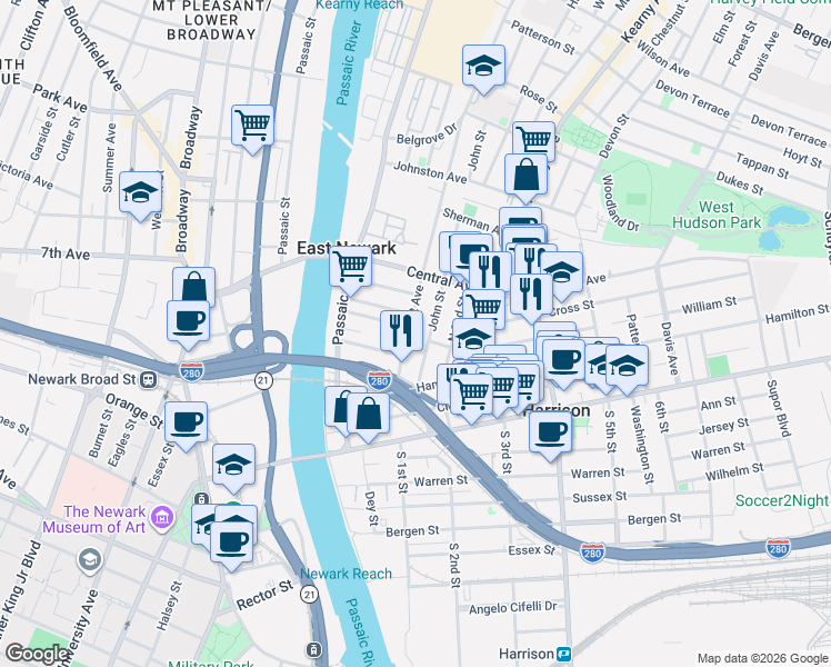 map of restaurants, bars, coffee shops, grocery stores, and more near 126 Grant Avenue in East Newark