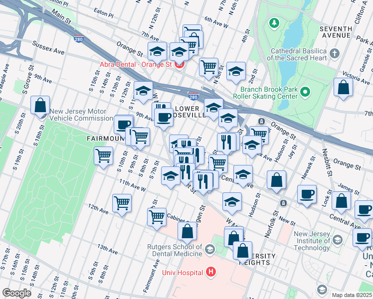 map of restaurants, bars, coffee shops, grocery stores, and more near 33 North 5th Street in Newark
