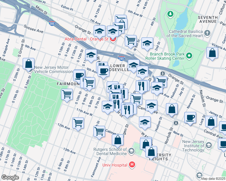 map of restaurants, bars, coffee shops, grocery stores, and more near 33 North 5th Street in Newark