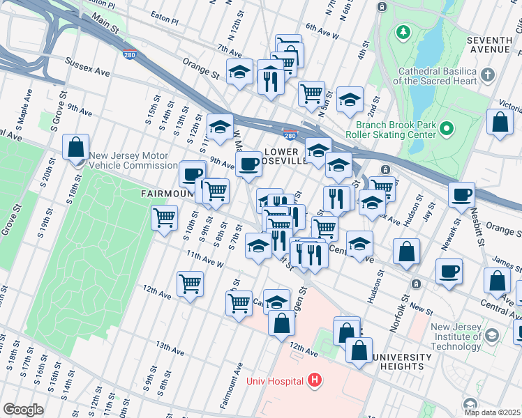 map of restaurants, bars, coffee shops, grocery stores, and more near 449 West Market Street in Newark