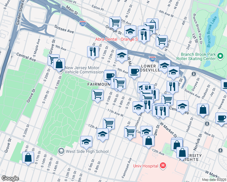 map of restaurants, bars, coffee shops, grocery stores, and more near 535 Central Avenue in Newark