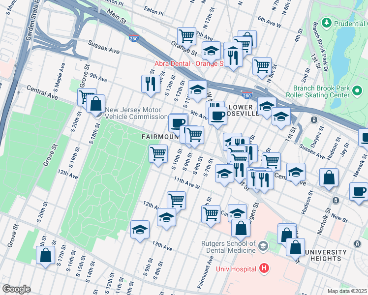map of restaurants, bars, coffee shops, grocery stores, and more near 535 Central Avenue in Newark