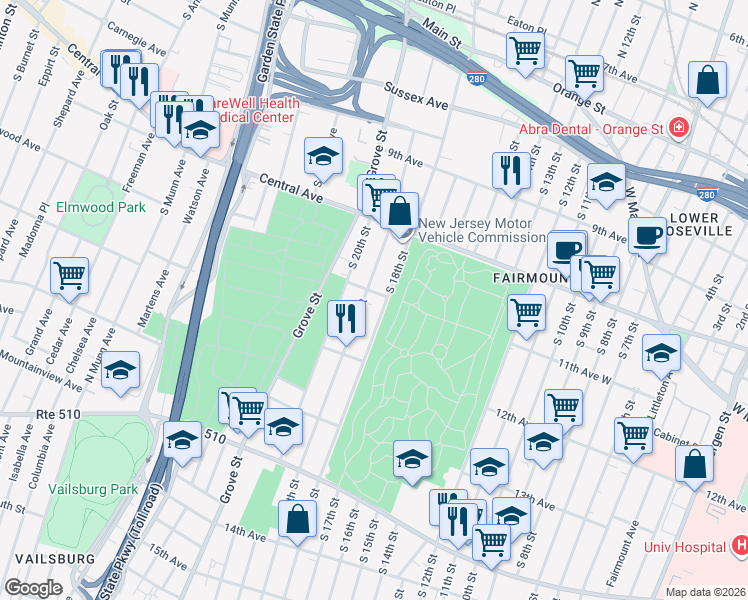 map of restaurants, bars, coffee shops, grocery stores, and more near 264 11th Avenue in Newark