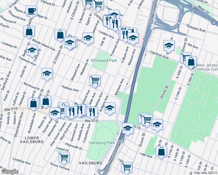 map of restaurants, bars, coffee shops, grocery stores, and more near 121 North Munn Avenue in Newark
