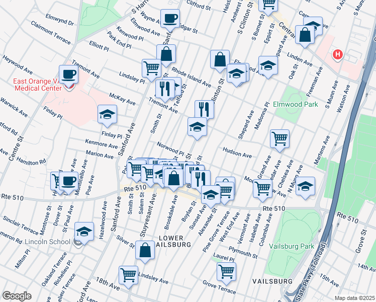 map of restaurants, bars, coffee shops, grocery stores, and more near 507 South Clinton Street in East Orange
