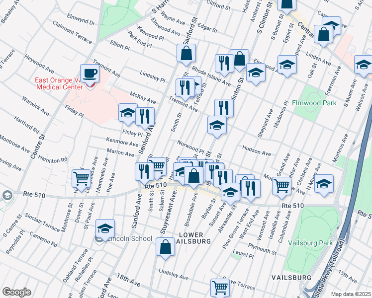 map of restaurants, bars, coffee shops, grocery stores, and more near 32 Norwood Place in East Orange