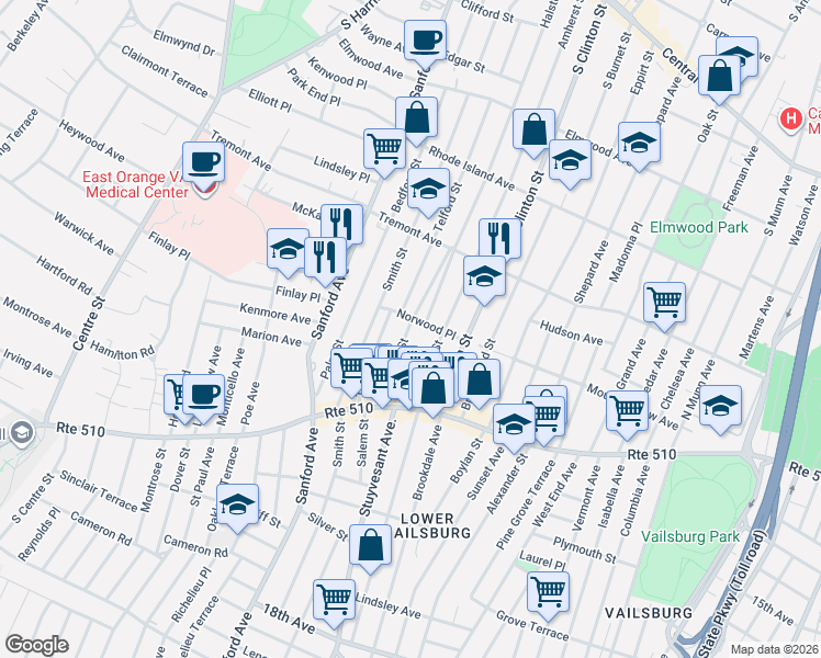 map of restaurants, bars, coffee shops, grocery stores, and more near 32 Norwood Place in East Orange