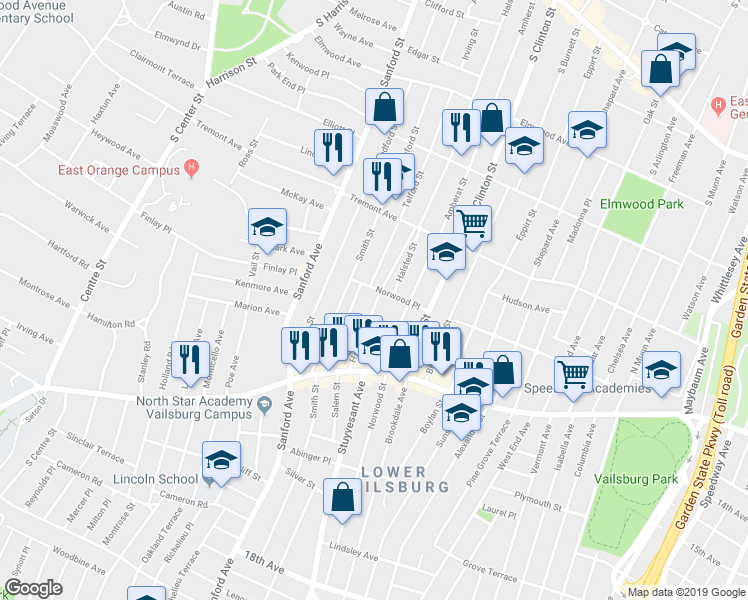 map of restaurants, bars, coffee shops, grocery stores, and more near 80 Telford Street in Newark