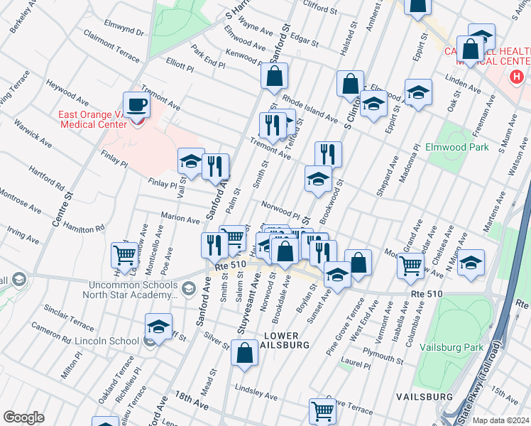 map of restaurants, bars, coffee shops, grocery stores, and more near 80 Telford Street in Newark