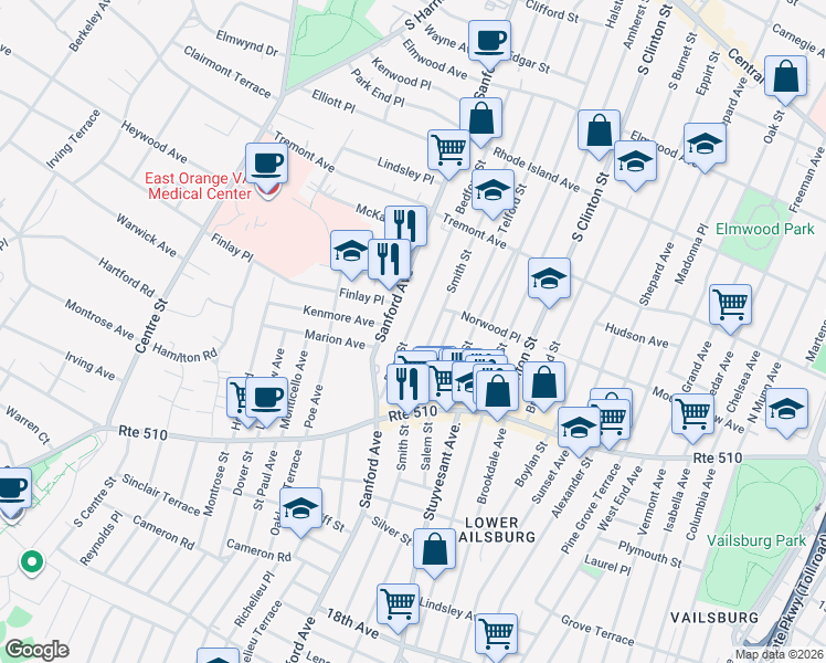 map of restaurants, bars, coffee shops, grocery stores, and more near 74 Bedford Street in Newark