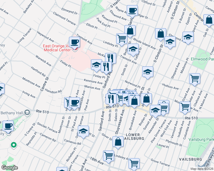 map of restaurants, bars, coffee shops, grocery stores, and more near 379 Sanford Avenue in Newark