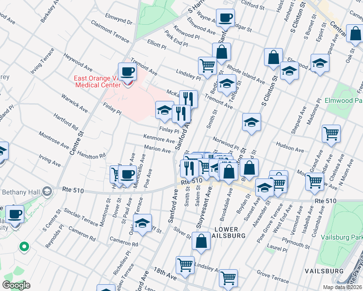 map of restaurants, bars, coffee shops, grocery stores, and more near 379 Sanford Avenue in Newark