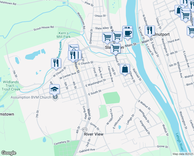 map of restaurants, bars, coffee shops, grocery stores, and more near 349 First Street in Slatington