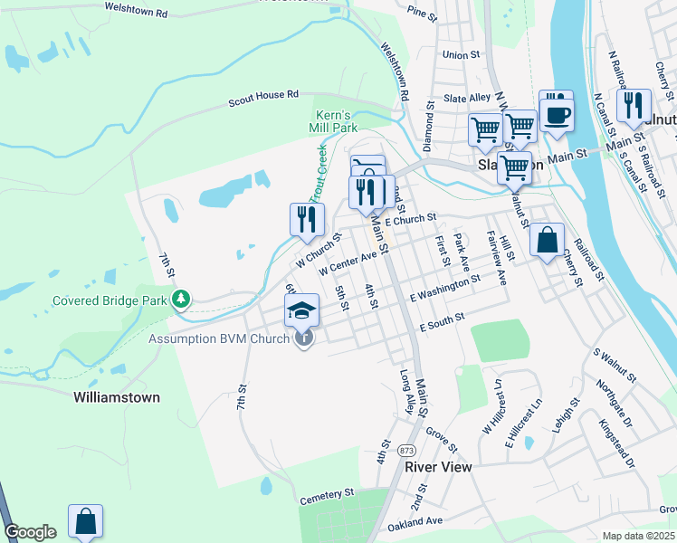 map of restaurants, bars, coffee shops, grocery stores, and more near 105 5th Street in Slatington