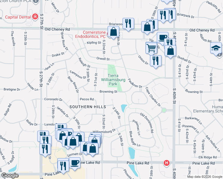 map of restaurants, bars, coffee shops, grocery stores, and more near 3232 Browning Street in Lincoln