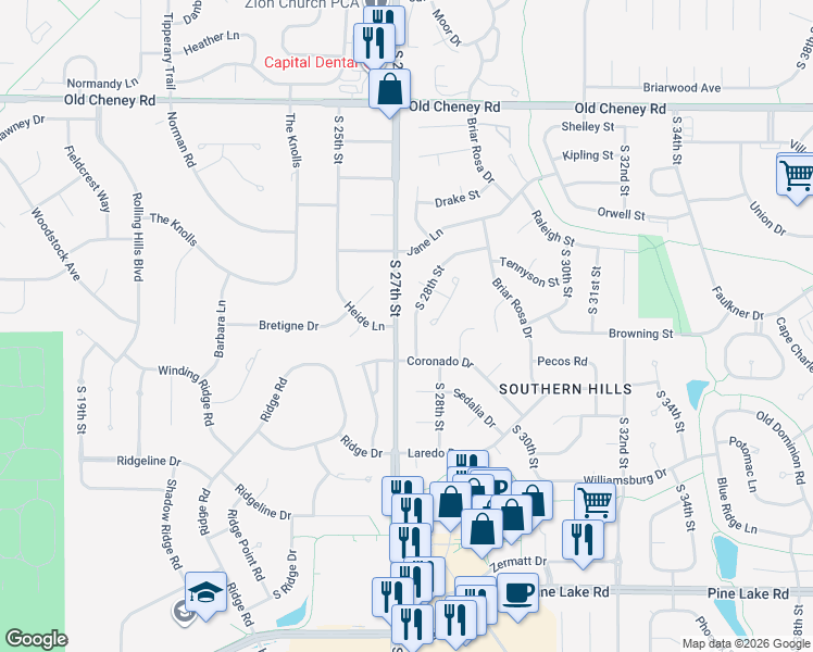 map of restaurants, bars, coffee shops, grocery stores, and more near 2630 Heide Lane in Lincoln