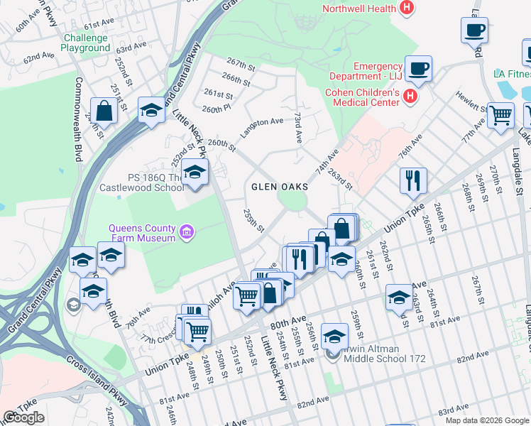 map of restaurants, bars, coffee shops, grocery stores, and more near 255-25 74th Avenue in Queens
