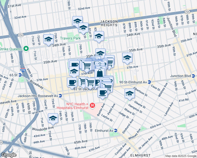 map of restaurants, bars, coffee shops, grocery stores, and more near 37-20 81st Street in Queens