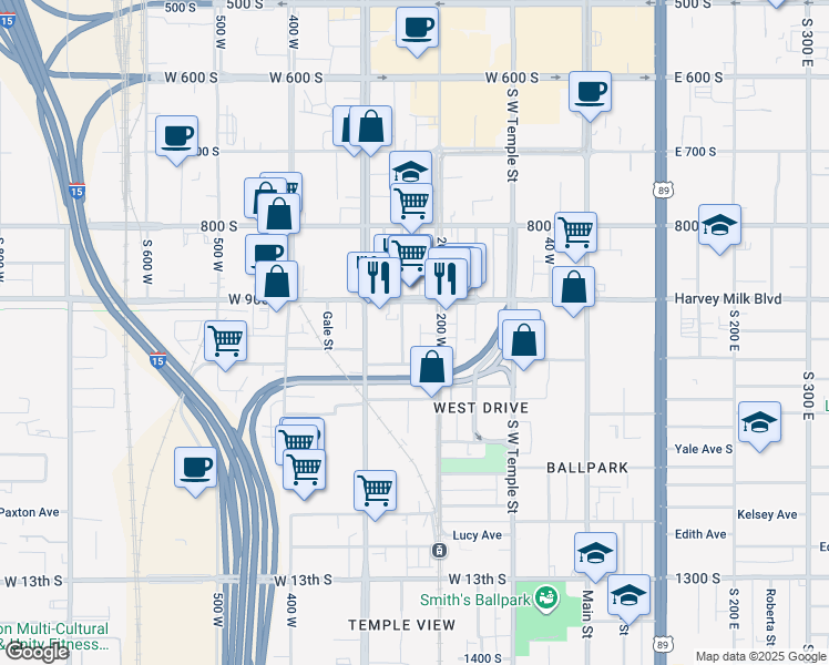 map of restaurants, bars, coffee shops, grocery stores, and more near 933 Washington Street in Salt Lake City