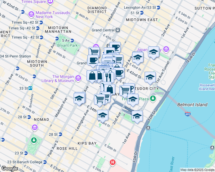 map of restaurants, bars, coffee shops, grocery stores, and more near 137 East 38th Street in New York