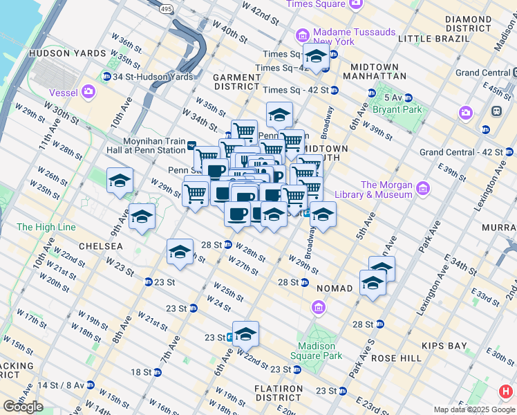 map of restaurants, bars, coffee shops, grocery stores, and more near 150 West 31st Street in New York