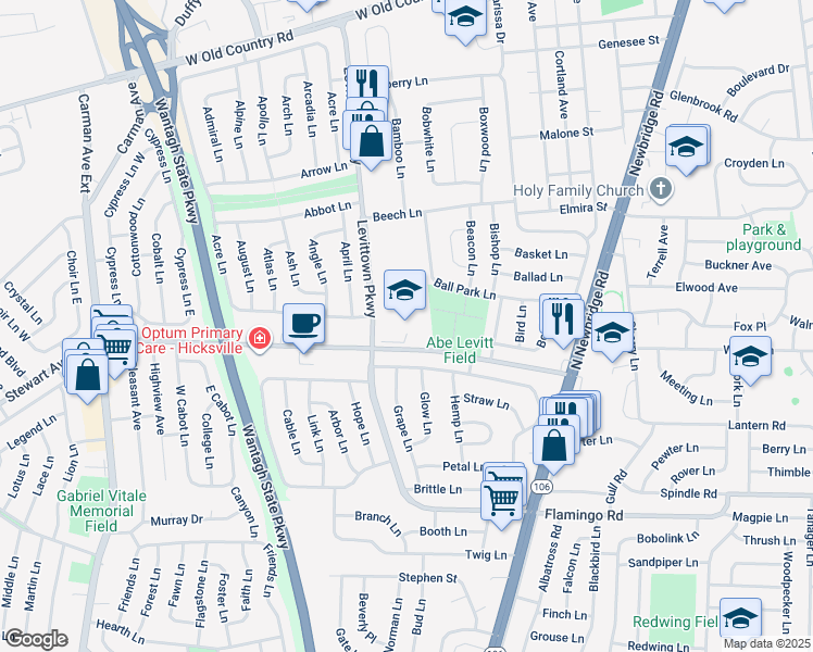map of restaurants, bars, coffee shops, grocery stores, and more near 50 Stewart Avenue in Hicksville