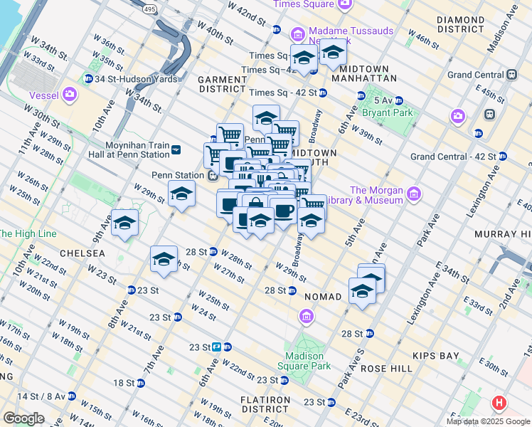 map of restaurants, bars, coffee shops, grocery stores, and more near 130 West 32nd Street in New York