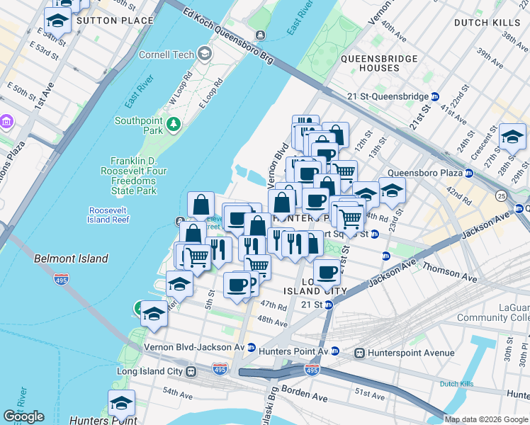 map of restaurants, bars, coffee shops, grocery stores, and more near 5-40 44th Drive in Queens