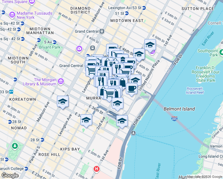 map of restaurants, bars, coffee shops, grocery stores, and more near 234 East 40th Street in New York