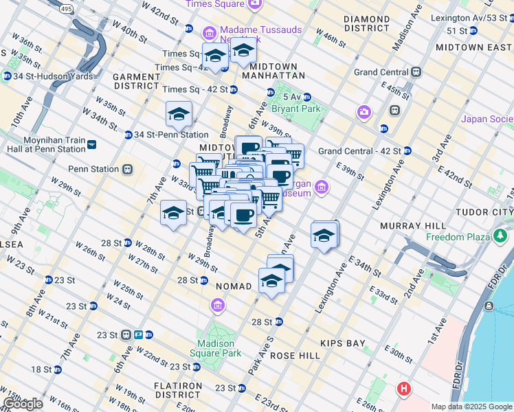 map of restaurants, bars, coffee shops, grocery stores, and more near in New York