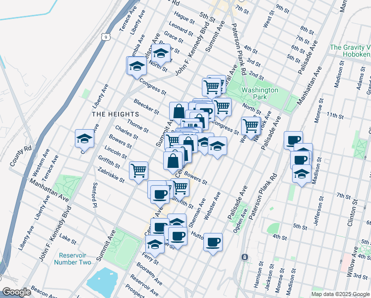 map of restaurants, bars, coffee shops, grocery stores, and more near 419 Central Avenue in Jersey City