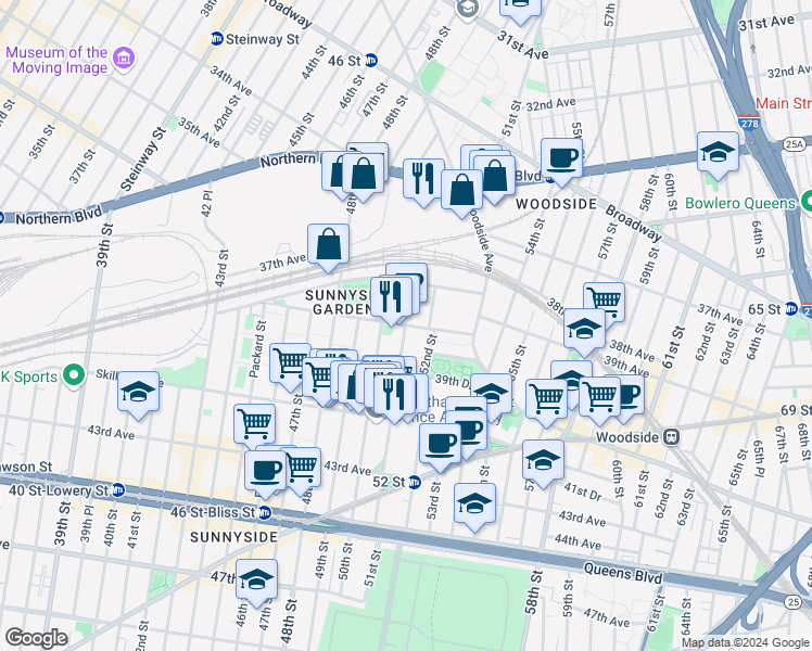map of restaurants, bars, coffee shops, grocery stores, and more near 39-35 51st Street in Queens