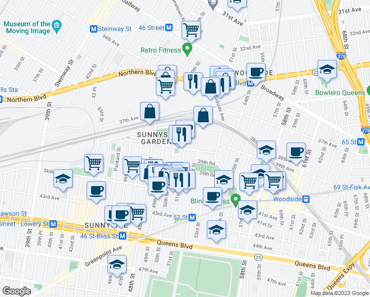 map of restaurants, bars, coffee shops, grocery stores, and more near 5101 39th Avenue in Queens