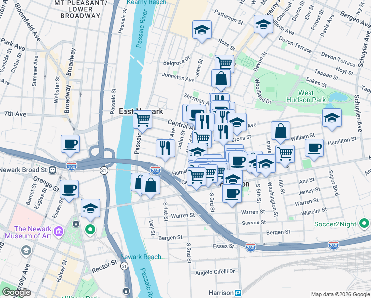 map of restaurants, bars, coffee shops, grocery stores, and more near 319 North 2nd Street in Harrison
