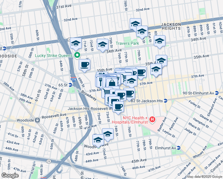 map of restaurants, bars, coffee shops, grocery stores, and more near 74-04 37th Avenue in Queens