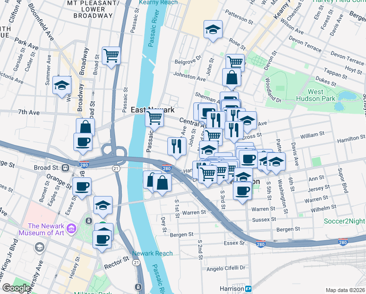 map of restaurants, bars, coffee shops, grocery stores, and more near 126 Grant Avenue in East Newark
