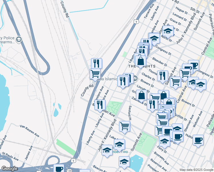 map of restaurants, bars, coffee shops, grocery stores, and more near 210 Zabriskie Street in Jersey City